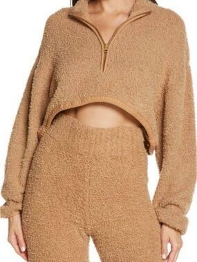 SKIMS Cropped Sherpa Half-Zip Hoodie in Camel XXS/XS
